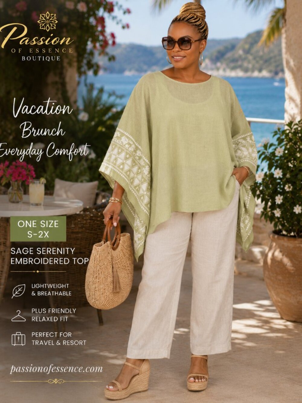 Sage Green Embroidered Resort Poncho Top | One Size S-2X